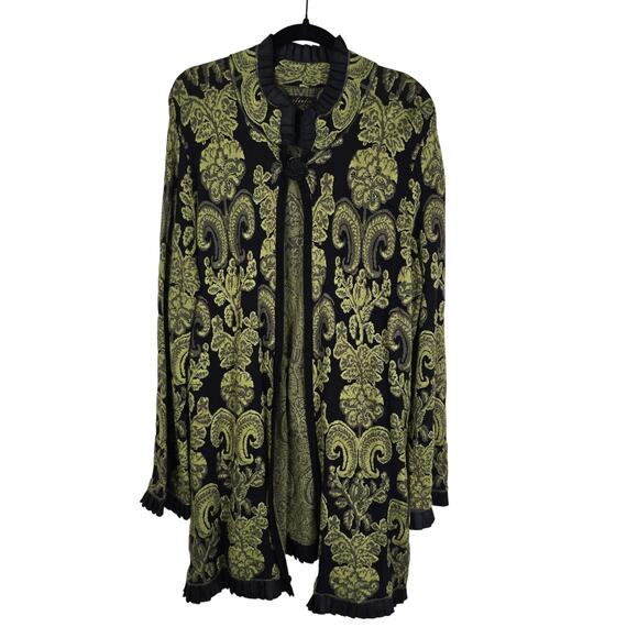 Icelandic Designs Cardigan Duster Women's XL Green Black Ruffle Trim Nordic - Picture 1 of 11